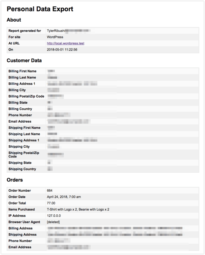 A file titled "Personal Data Export" with three tables demonstrating customer information. The three tables are in sections titled: "About", which contains who the report was generated for, what site and URL it came from, as well as the date of the export. "Customer Data", which lists billing and shipping addresses of the customer, as well as their phone number and email address. And "Orders", which lists details of the customer's orders including the number, total cost, items purchased, IP address, and address information for each order.
