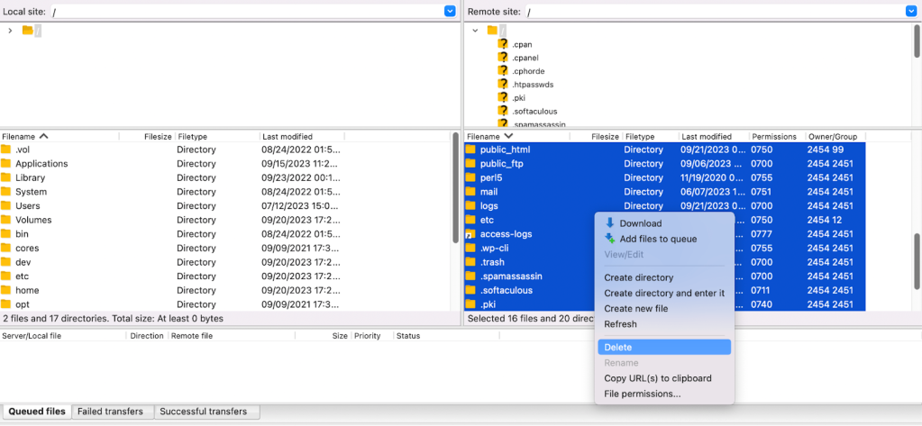 重新登錄您的 FTP 客戶端并重新連接到您的 WordPress 站點。 然后，突出顯示遠程站點上的所有文件 - 刪除它們。